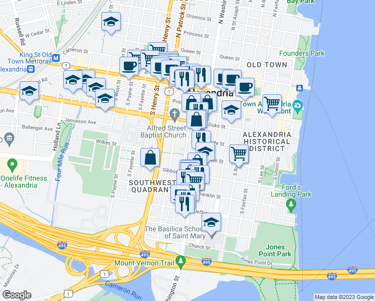map of restaurants, bars, coffee shops, grocery stores, and more near 424 South Columbus Street in Alexandria