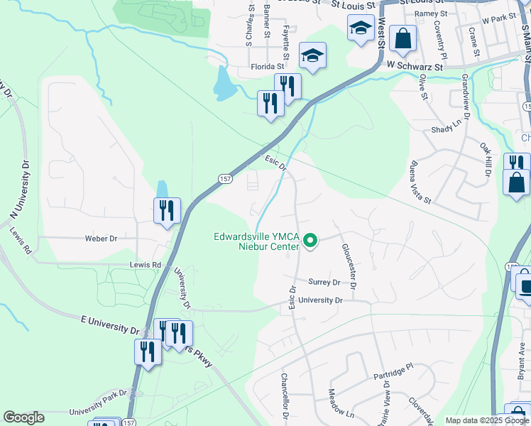 map of restaurants, bars, coffee shops, grocery stores, and more near 814 Lancashire Drive in Edwardsville