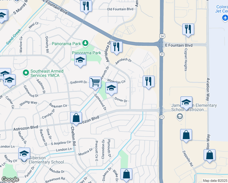 map of restaurants, bars, coffee shops, grocery stores, and more near 2215 Anthony Court in Colorado Springs
