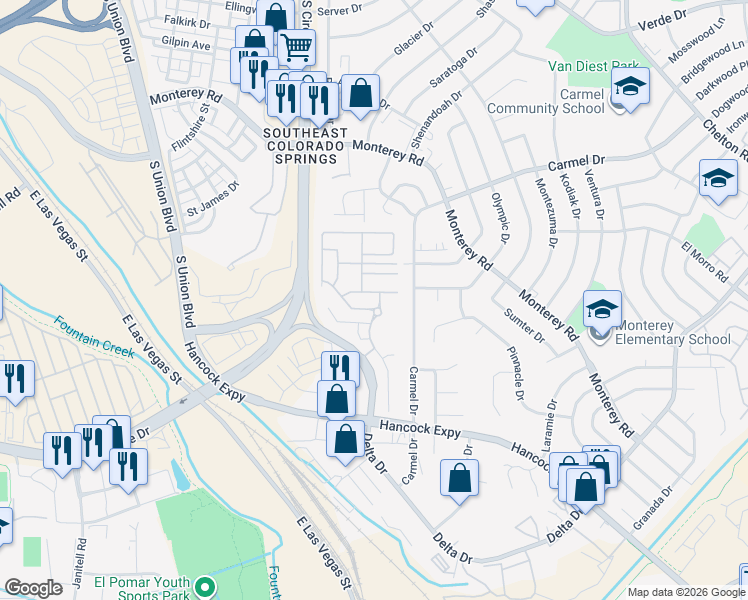 map of restaurants, bars, coffee shops, grocery stores, and more near 2205 Spring Blossom Drive in Colorado Springs