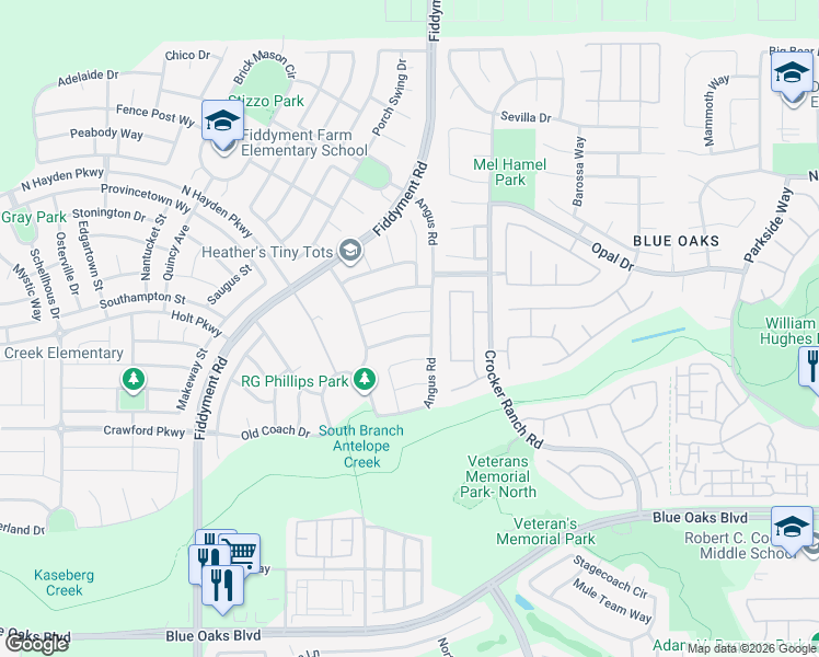 map of restaurants, bars, coffee shops, grocery stores, and more near 4064 Haystack Way in Roseville