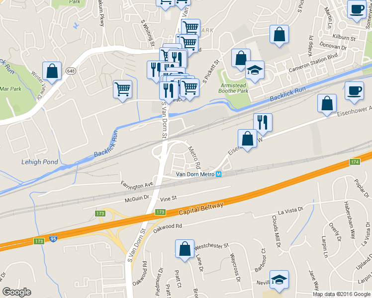 map of restaurants, bars, coffee shops, grocery stores, and more near 58 Cowling Court in Alexandria