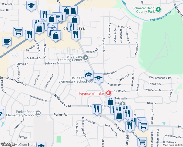 map of restaurants, bars, coffee shops, grocery stores, and more near 13645 New Halls Ferry Road in Florissant