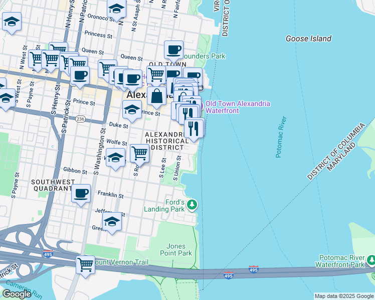map of restaurants, bars, coffee shops, grocery stores, and more near 11 Bakers Walk in Alexandria