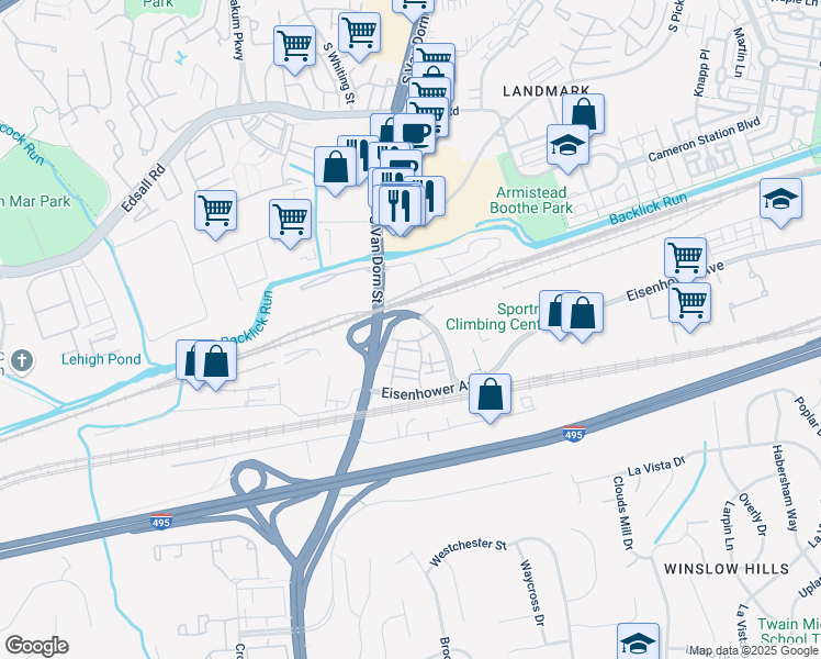 map of restaurants, bars, coffee shops, grocery stores, and more near 5831 Pearson Lane in Alexandria