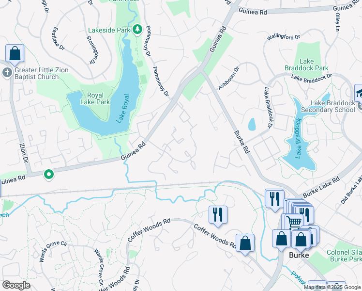 map of restaurants, bars, coffee shops, grocery stores, and more near 9874 High Water Court in Burke