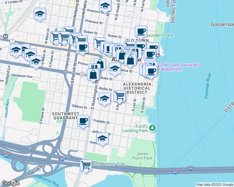 map of restaurants, bars, coffee shops, grocery stores, and more near 408 Wolfe Street in Alexandria