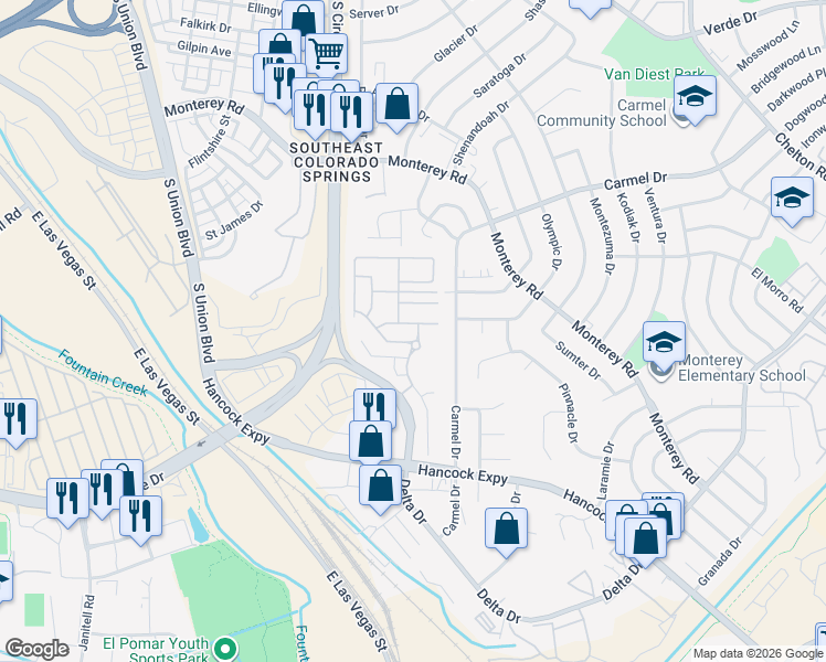 map of restaurants, bars, coffee shops, grocery stores, and more near 2205 Spring Blossom Drive in Colorado Springs
