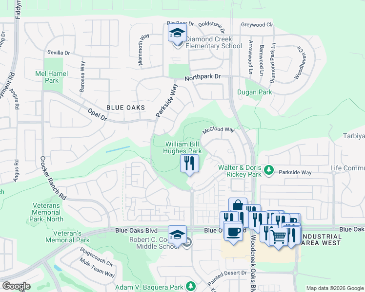 map of restaurants, bars, coffee shops, grocery stores, and more near 1600 Parkside Way in Roseville