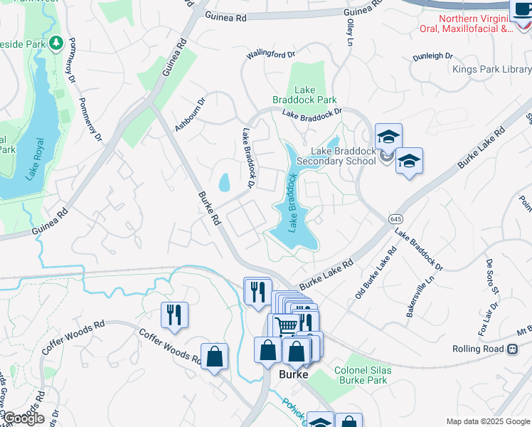 map of restaurants, bars, coffee shops, grocery stores, and more near 5538 Kendrick Lane in Burke