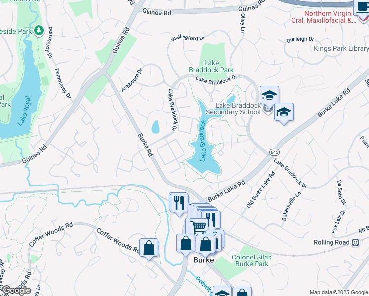 map of restaurants, bars, coffee shops, grocery stores, and more near 5538 Kendrick Lane in Burke
