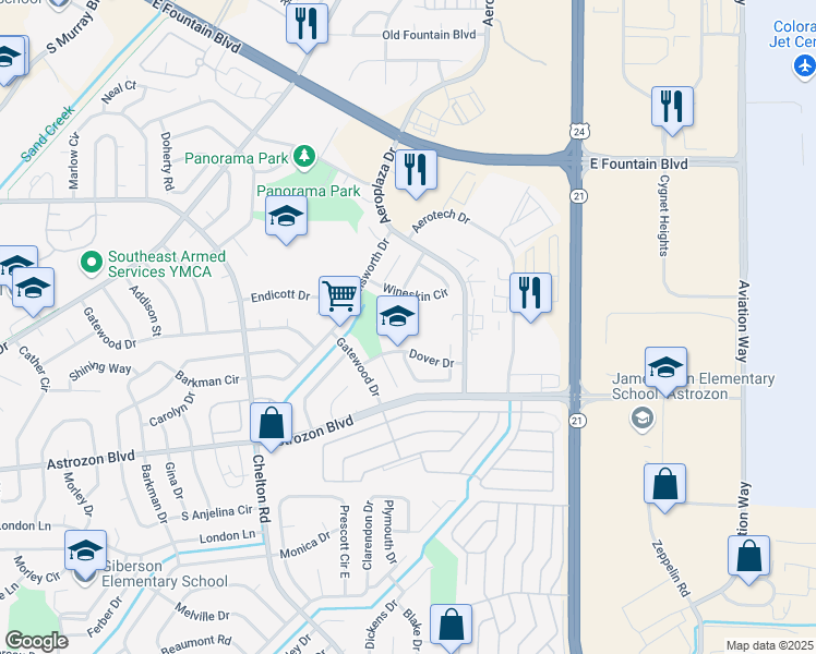 map of restaurants, bars, coffee shops, grocery stores, and more near 4880 Dover Drive in Colorado Springs