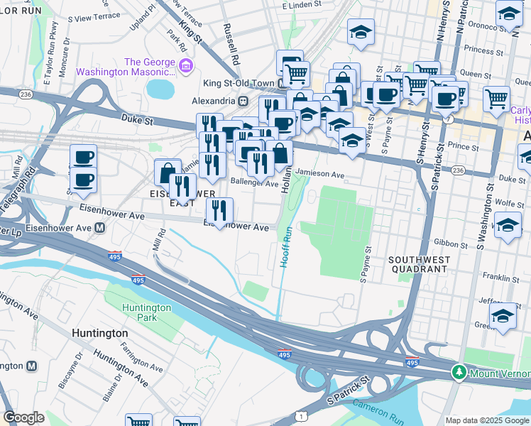 map of restaurants, bars, coffee shops, grocery stores, and more near 601 Holland Lane in Alexandria