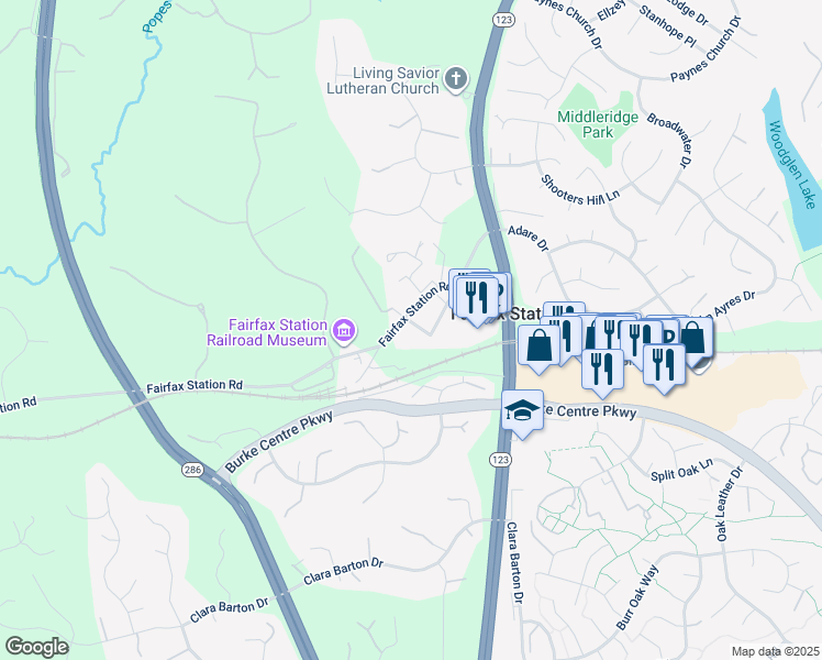 map of restaurants, bars, coffee shops, grocery stores, and more near 11113 Fairfax Station Road in Fairfax Station