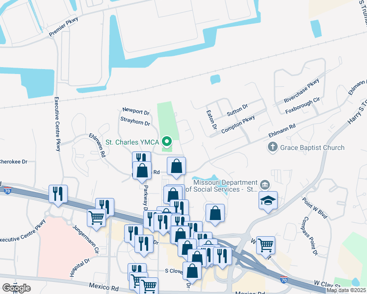 map of restaurants, bars, coffee shops, grocery stores, and more near 101 Braewood Circle in Saint Charles