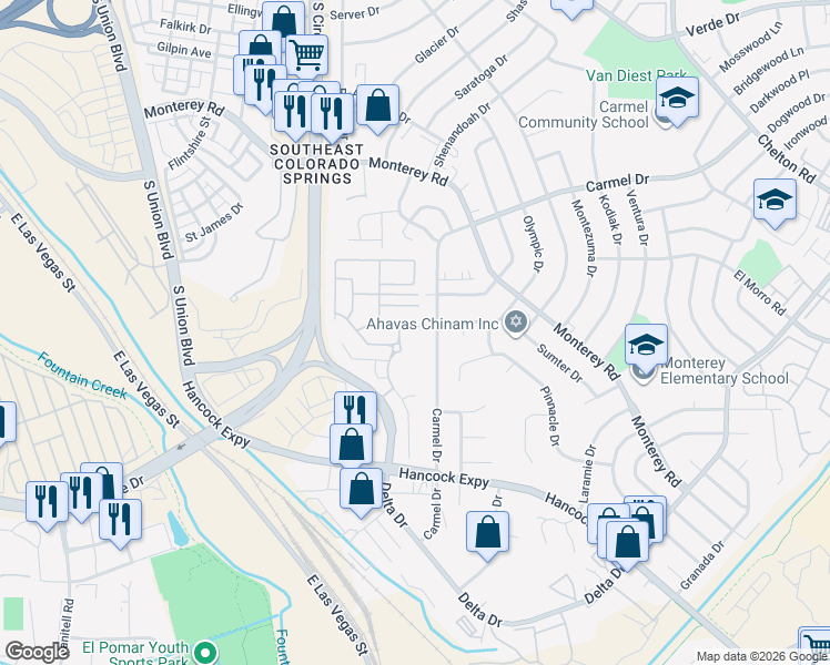 map of restaurants, bars, coffee shops, grocery stores, and more near 2205 Spring Blossom Drive in Colorado Springs