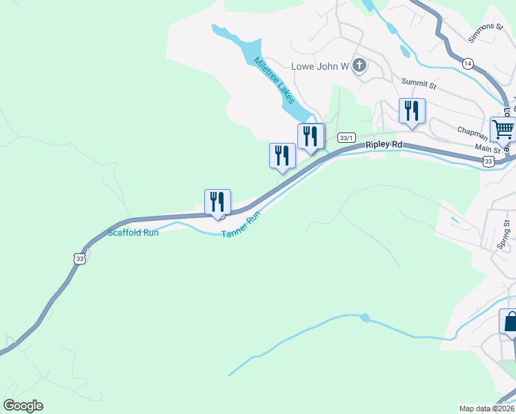 map of restaurants, bars, coffee shops, grocery stores, and more near 91404 Ripley Road in Spencer