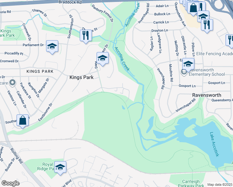 map of restaurants, bars, coffee shops, grocery stores, and more near 5519 Heston Court in Springfield