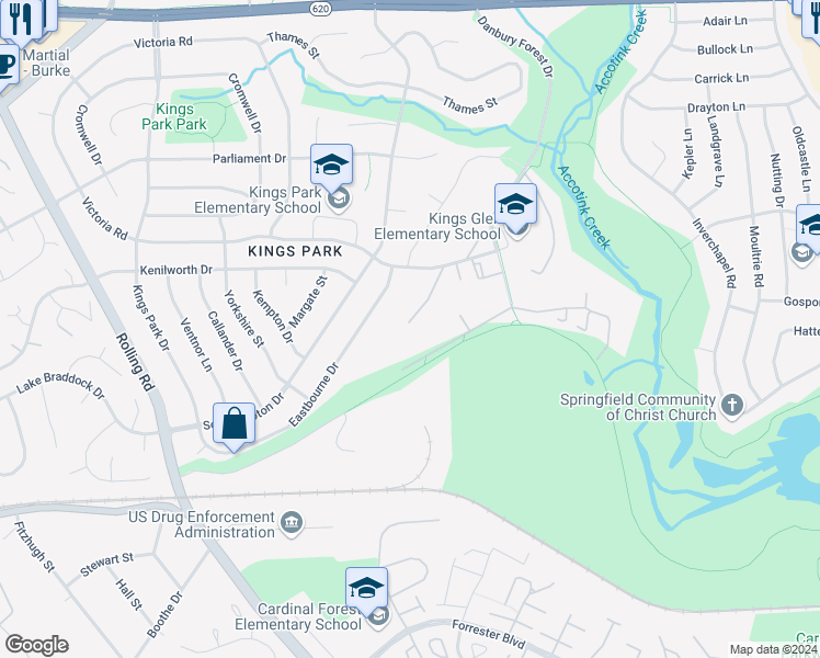 map of restaurants, bars, coffee shops, grocery stores, and more near 5545 Mitcham Court in Springfield
