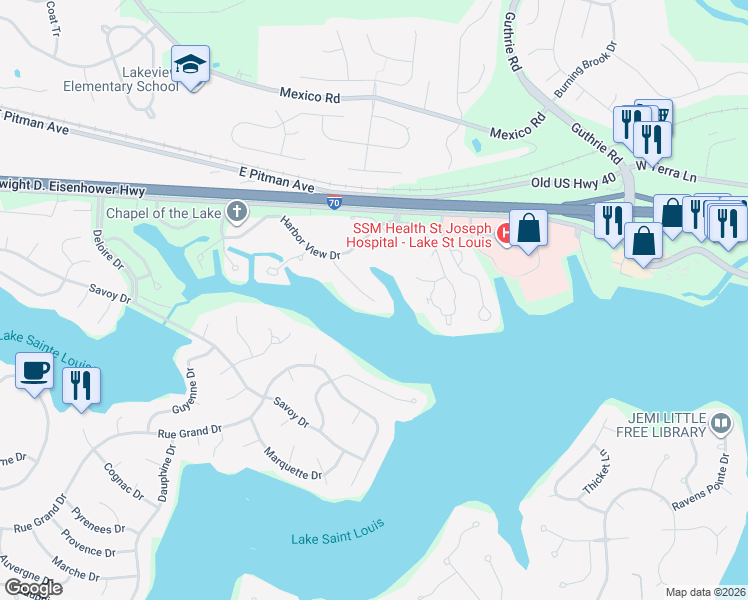 map of restaurants, bars, coffee shops, grocery stores, and more near 125 Harbor Point Court in Lake Saint Louis
