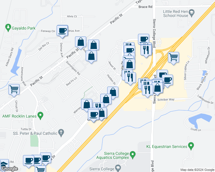 map of restaurants, bars, coffee shops, grocery stores, and more near 4712 Sweeney Circle in Rocklin