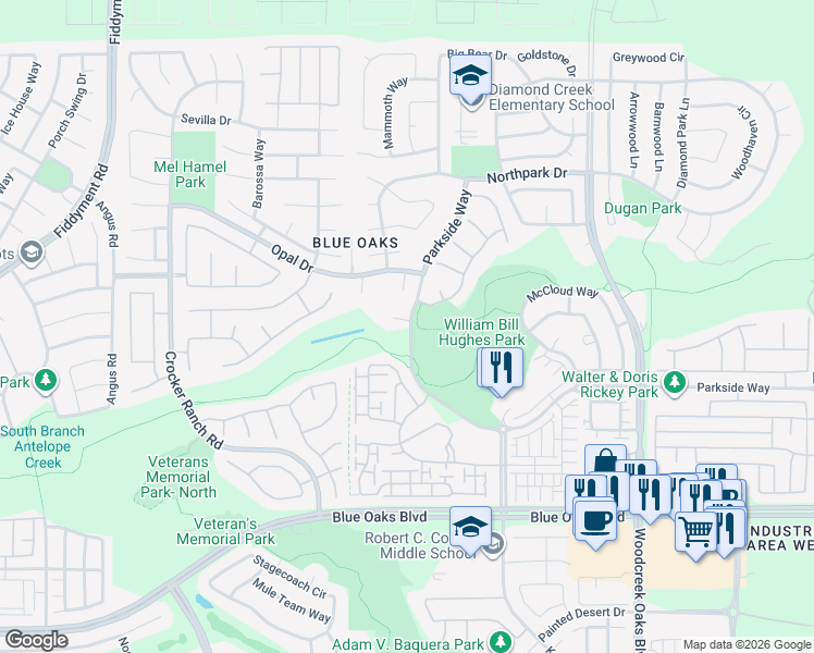 map of restaurants, bars, coffee shops, grocery stores, and more near 1701 Parkside Way in Roseville