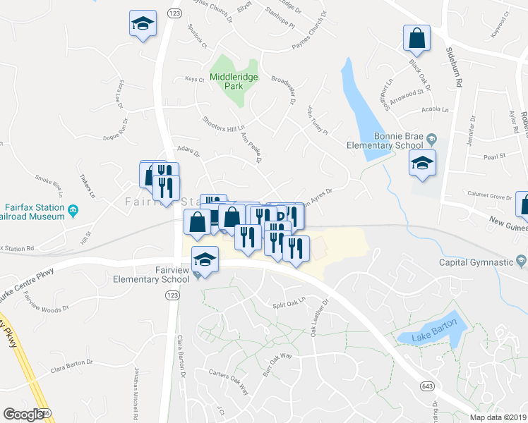 map of restaurants, bars, coffee shops, grocery stores, and more near 10901 Adare Drive in Fairfax