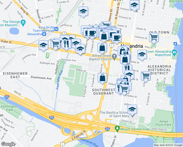 map of restaurants, bars, coffee shops, grocery stores, and more near 1210 Wilkes Street in Alexandria