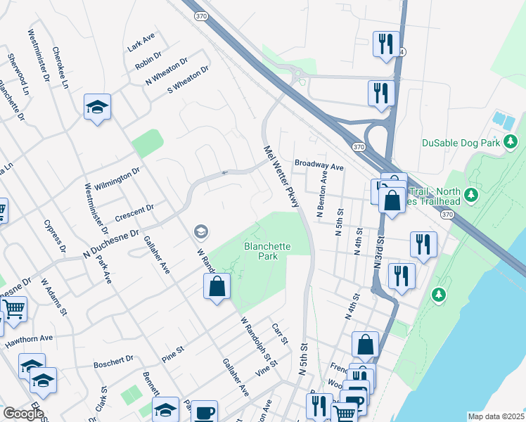 map of restaurants, bars, coffee shops, grocery stores, and more near 1900 West Randolph Street in Saint Charles