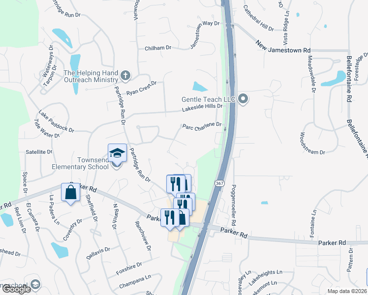 map of restaurants, bars, coffee shops, grocery stores, and more near 6847 Champaigne Drive in Florissant