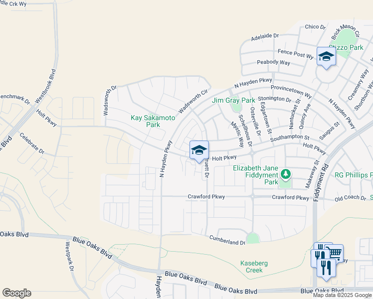 map of restaurants, bars, coffee shops, grocery stores, and more near 7000 Malakai Circle in Roseville