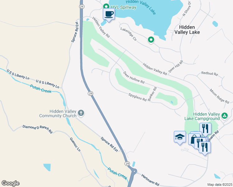 map of restaurants, bars, coffee shops, grocery stores, and more near 18329 Spyglass Road in Hidden Valley Lake