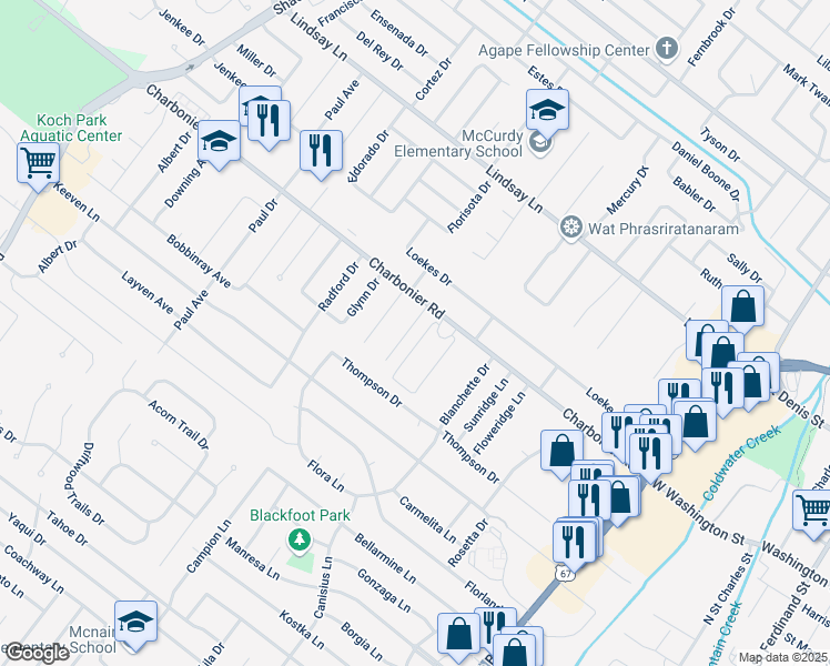 map of restaurants, bars, coffee shops, grocery stores, and more near 9 Elwood Court in Florissant