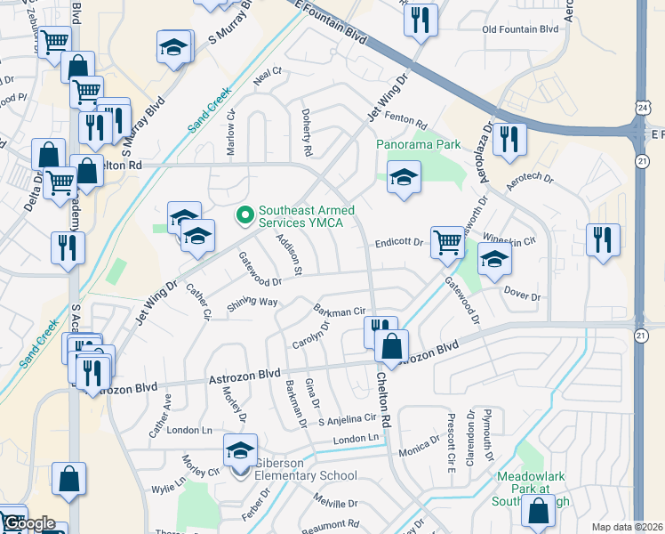 map of restaurants, bars, coffee shops, grocery stores, and more near 4525 Gatewood Drive in Colorado Springs