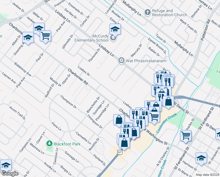 map of restaurants, bars, coffee shops, grocery stores, and more near 830 Loekes Drive in Florissant