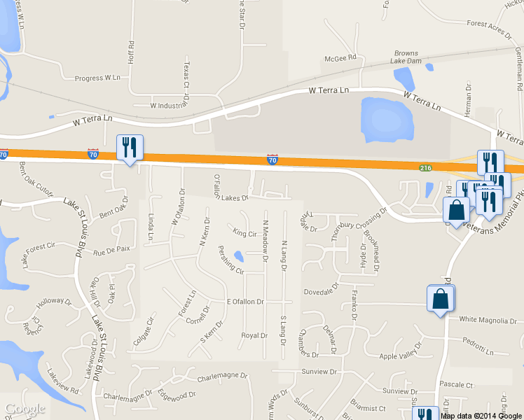map of restaurants, bars, coffee shops, grocery stores, and more near 41 North Meadow Drive in O'Fallon