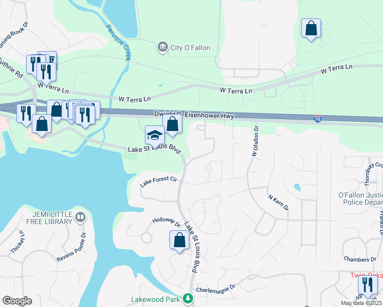 map of restaurants, bars, coffee shops, grocery stores, and more near 283 Bent Oak Drive in Lake Saint Louis