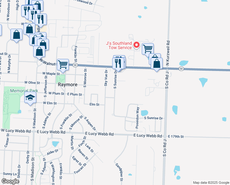 map of restaurants, bars, coffee shops, grocery stores, and more near 403 South Sunrise Drive in Raymore