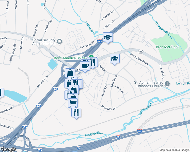 map of restaurants, bars, coffee shops, grocery stores, and more near 5456 Harrington Falls Lane in Alexandria