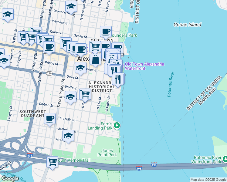 map of restaurants, bars, coffee shops, grocery stores, and more near 13 Bakers Walk in Alexandria