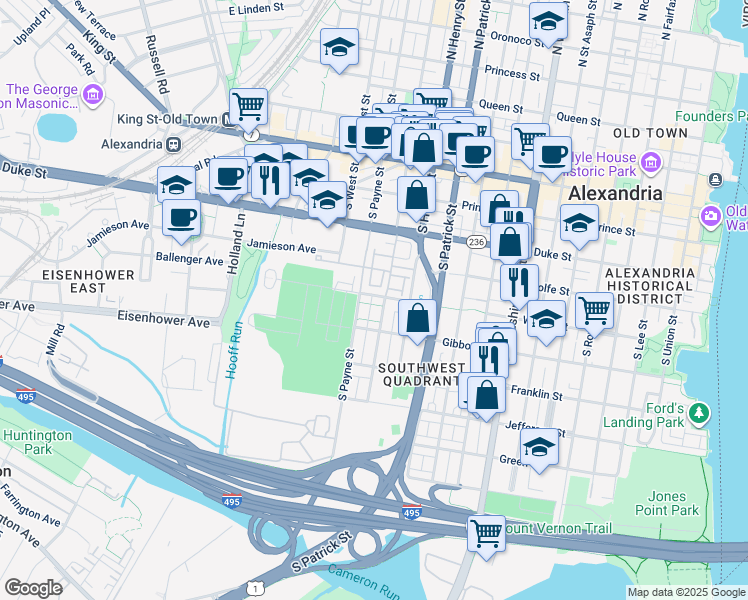 map of restaurants, bars, coffee shops, grocery stores, and more near 1210 Wilkes Street in Alexandria