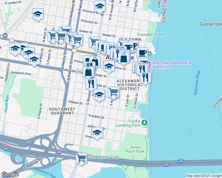 map of restaurants, bars, coffee shops, grocery stores, and more near 408 Wolfe Street in Alexandria
