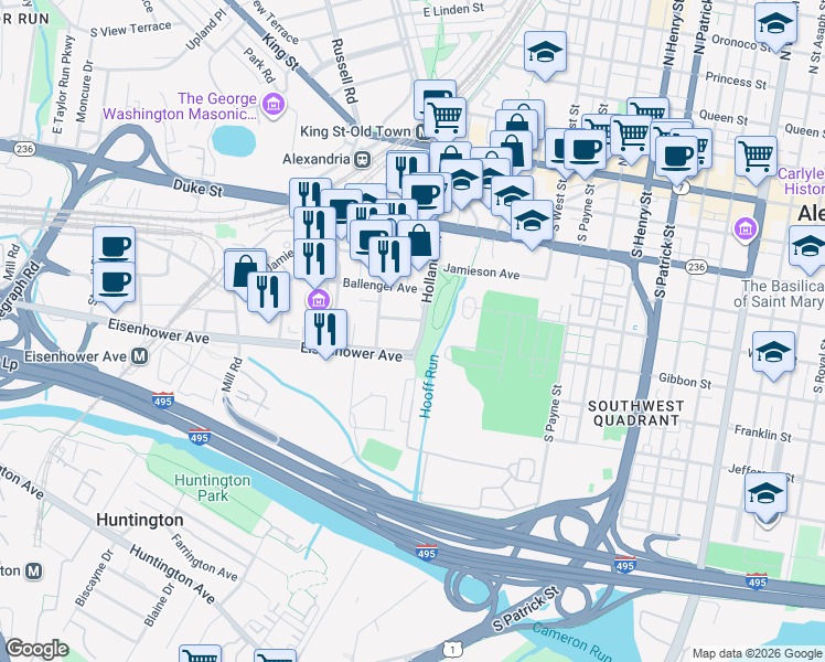 map of restaurants, bars, coffee shops, grocery stores, and more near 601 Holland Lane in Alexandria