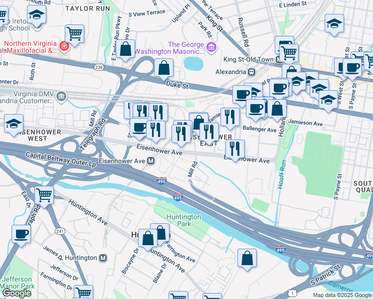 map of restaurants, bars, coffee shops, grocery stores, and more near 2251 Eisenhower Avenue in Alexandria
