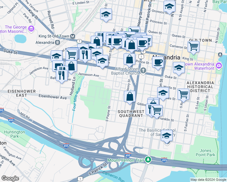 map of restaurants, bars, coffee shops, grocery stores, and more near 1220 Wilkes Street in Alexandria