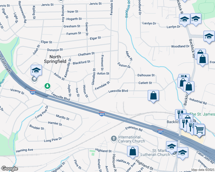 map of restaurants, bars, coffee shops, grocery stores, and more near 5506 Ferndale Street in Springfield