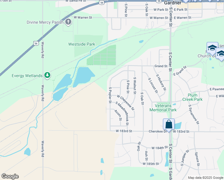 map of restaurants, bars, coffee shops, grocery stores, and more near 451 West Apache Street in Gardner