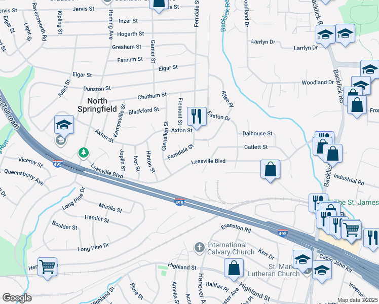 map of restaurants, bars, coffee shops, grocery stores, and more near 5506 Ferndale Street in Springfield