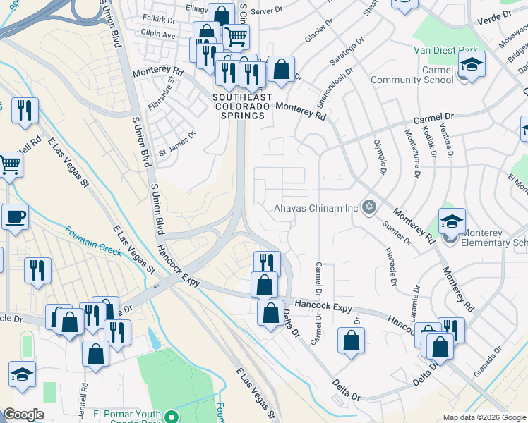 map of restaurants, bars, coffee shops, grocery stores, and more near 2635 Winterbourne Street in Colorado Springs