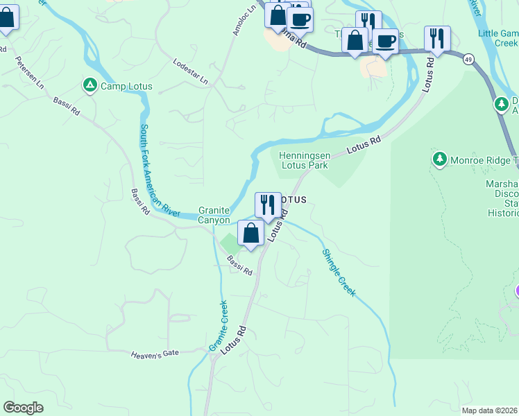 map of restaurants, bars, coffee shops, grocery stores, and more near 1006 Lotus Road in Coloma